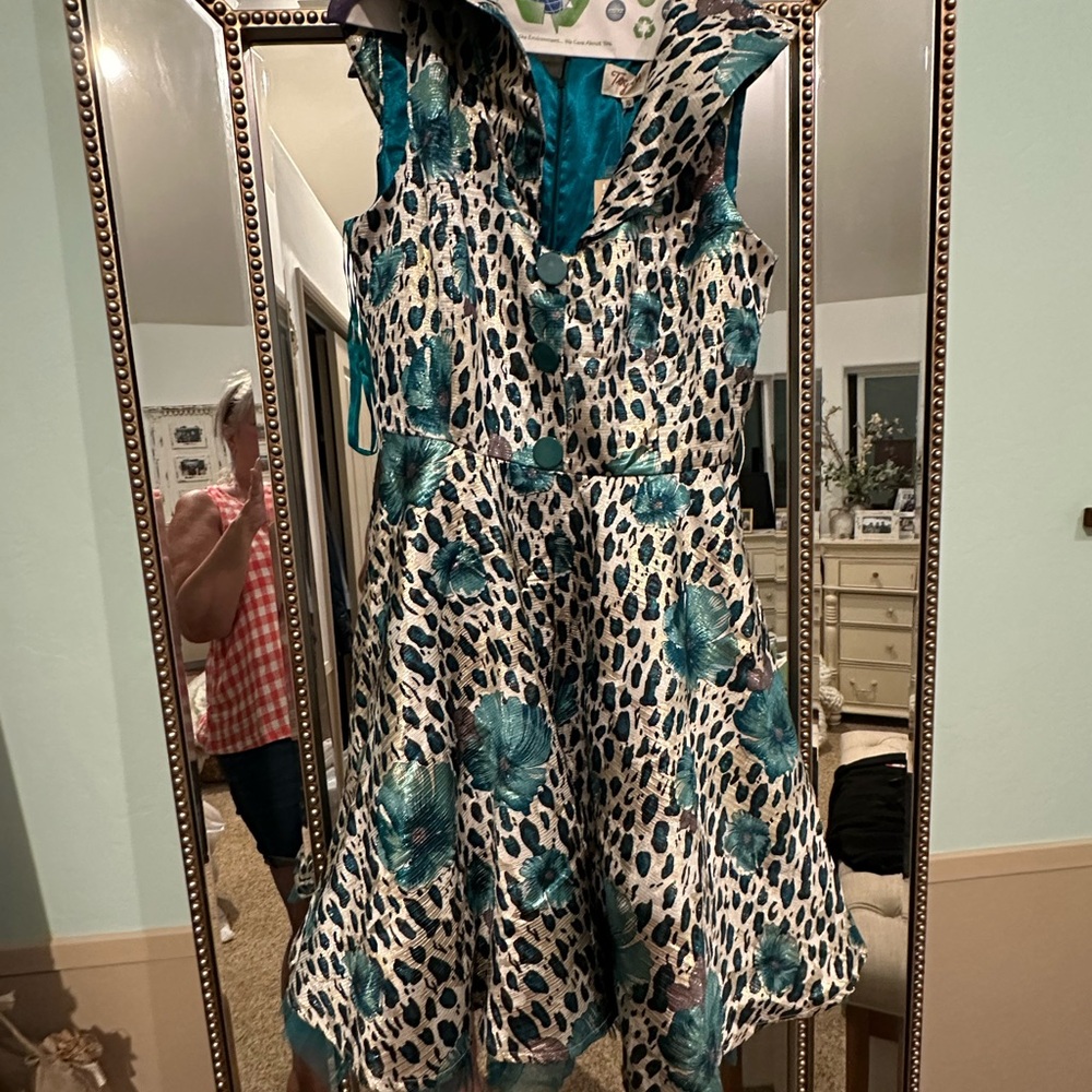 Teal Floral Leopard Fit-and-Flare Dress